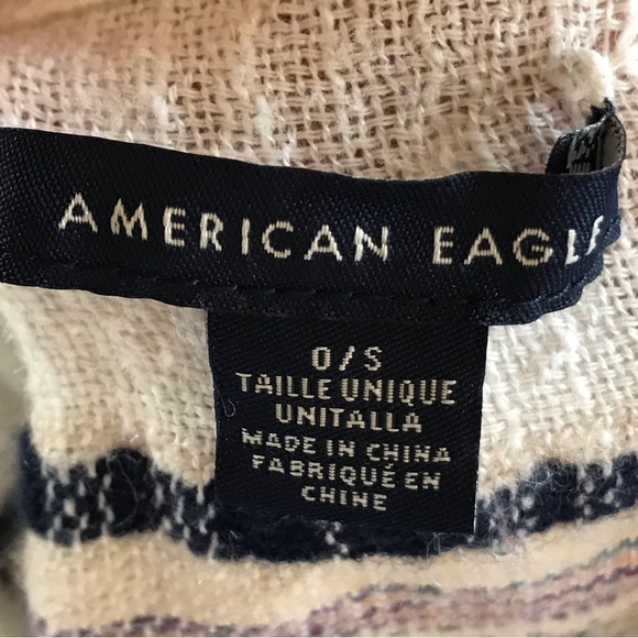 American Eagle White Tan Black Striped Open Front Fringe Poncho Size O/S - Picture 11 of 15
